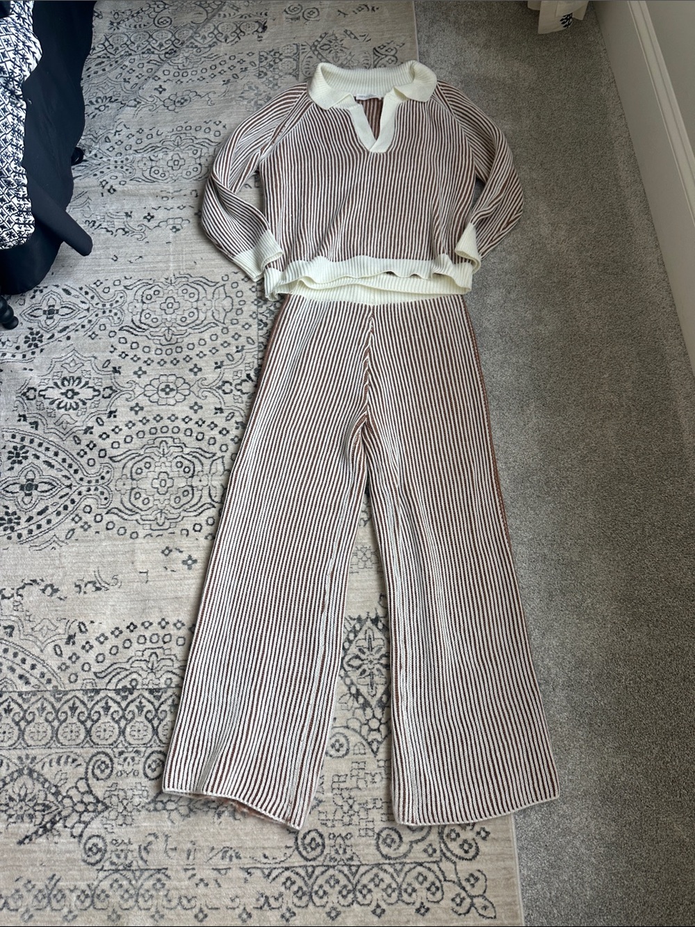 Impressions Cream & Brown Striped Ribbed Wide-Leg Knit Set